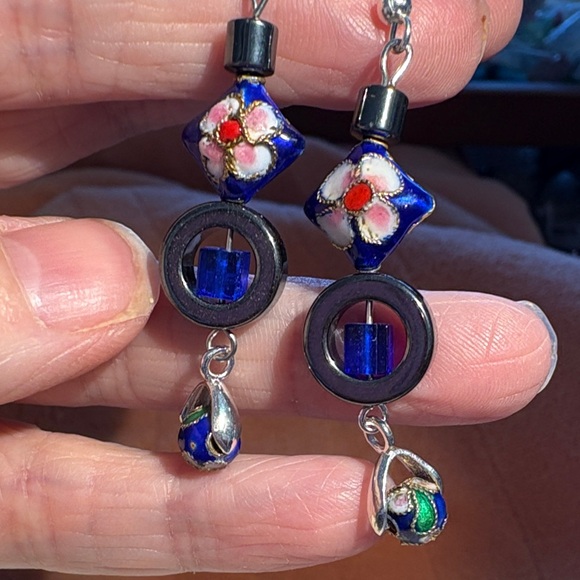 Hand Crafted Blue Cloisonné and Hematite Artistic Earrings - Picture 2 of 2